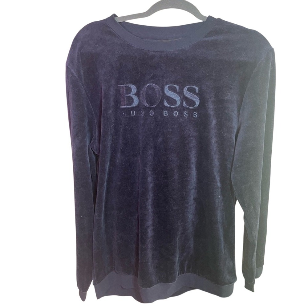 BOSS Hugo Boss Mens Velour Logo Sweatshirt Large Dark Blue‎ Bodywear Y2K Lounge